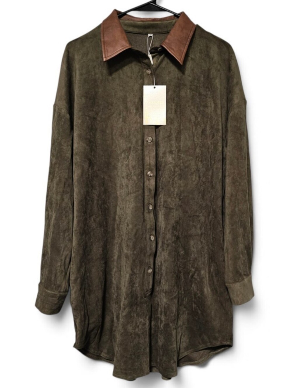 Modesees Olive Green Velvet Leather Accent Shirt Dress Womens Size M NWT